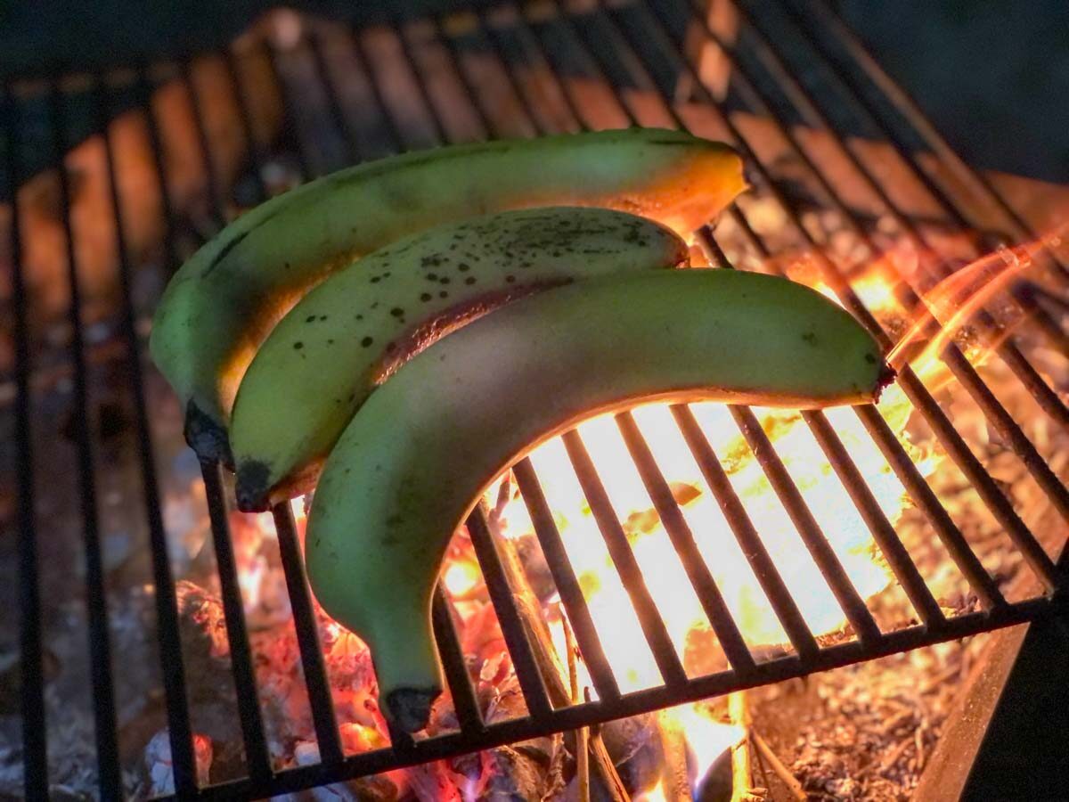 焚き火でバナナを焼くところ